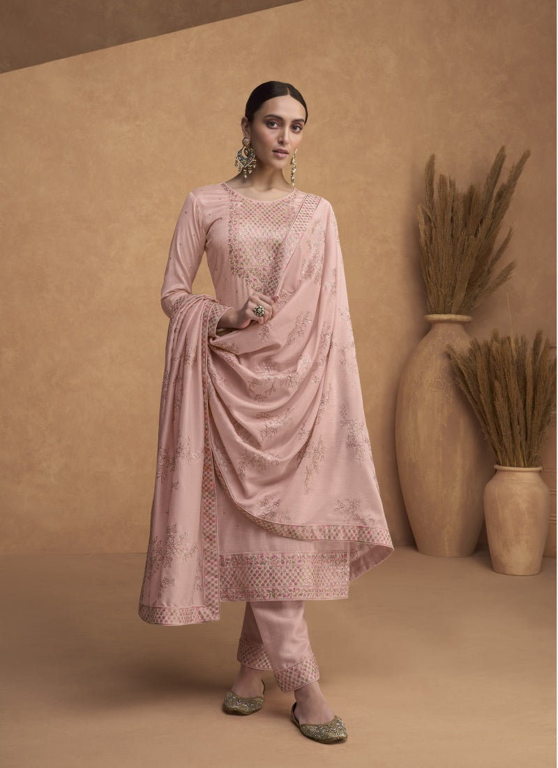 Pink Silk Embroidered Pant Style Salwar Suit