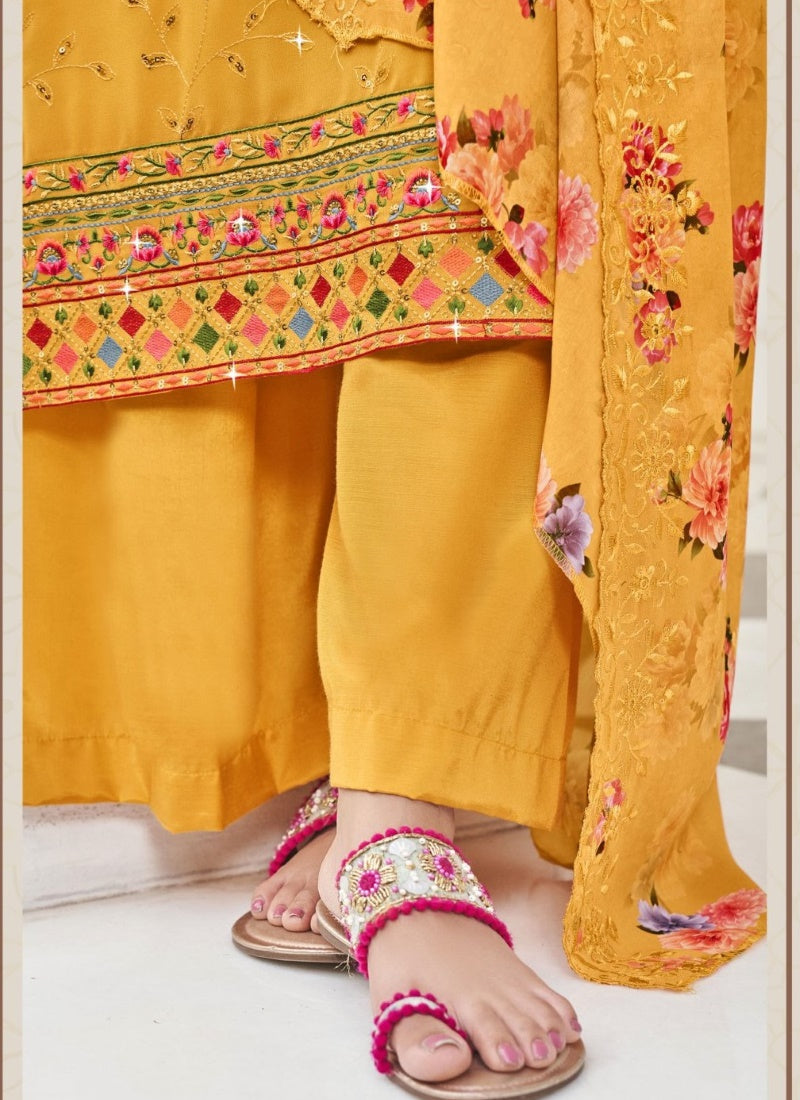 Yellow Georgette Straight Cut Palazzo Salwar Suit-2