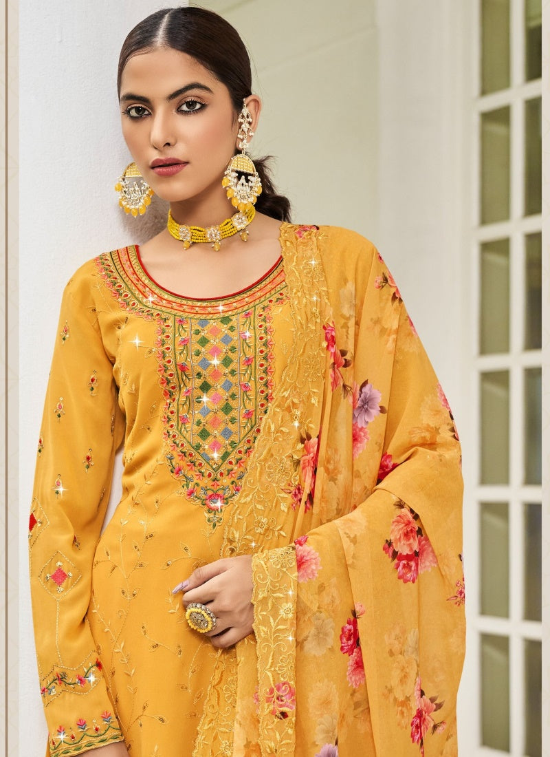 Yellow Georgette Straight Cut Palazzo Salwar Suit-2