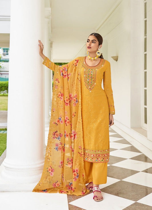 Yellow Georgette Straight Cut Palazzo Salwar Suit