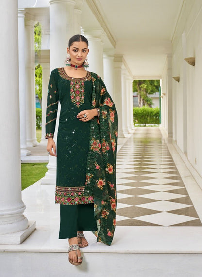 Green Georgette Straight Cut Palazzo Salwar Suit