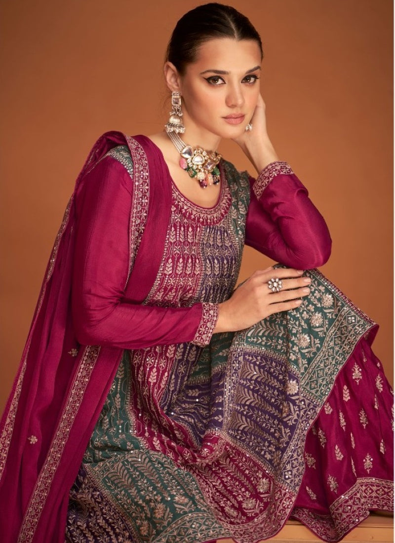 Multi Color Silk Embroidered Palazzo Suit-2