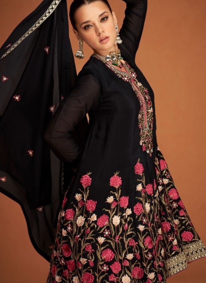 Black Silk Embroidered Palazzo Suit-2