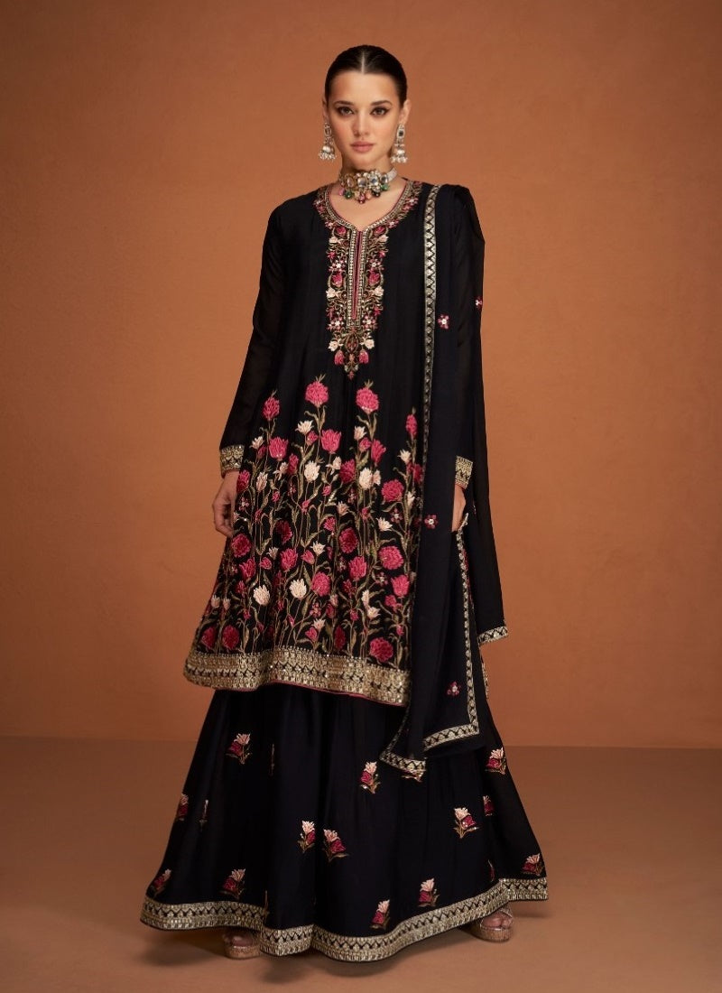 Black Silk Embroidered Palazzo Suit