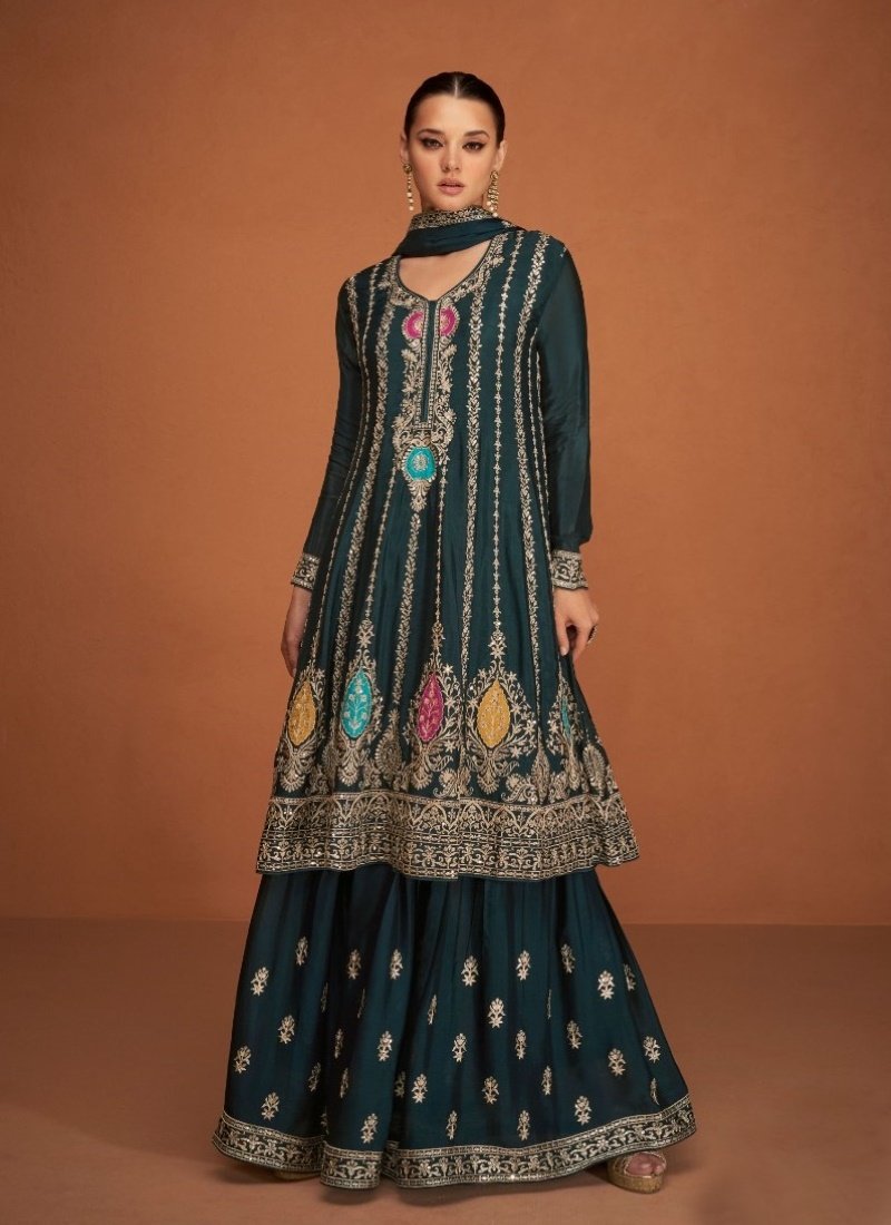 Green Silk Embroidered Palazzo Suit