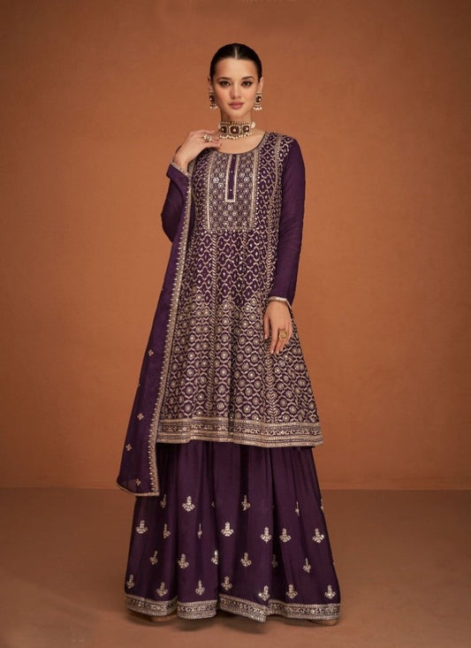 Purple Silk Embroidered Palazzo Suit