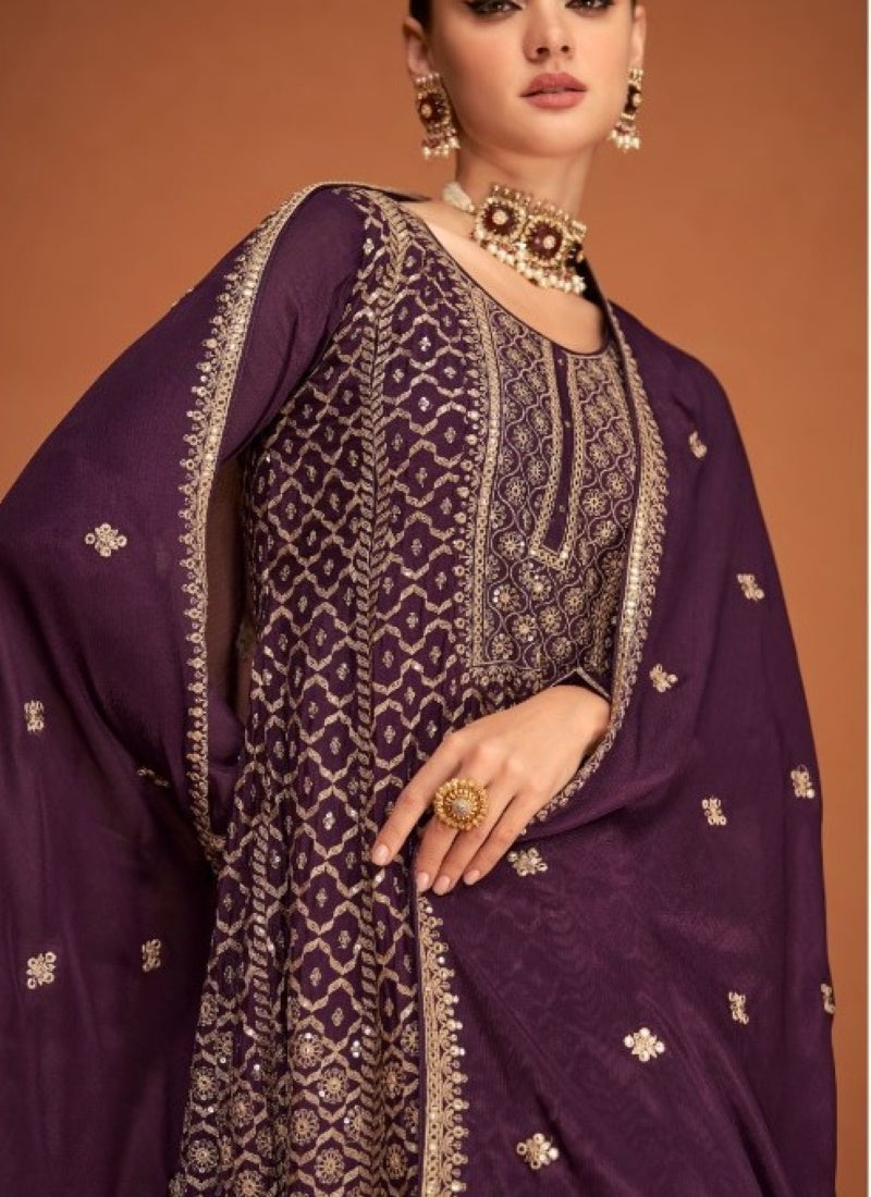 Purple Silk Embroidered Palazzo Suit-2