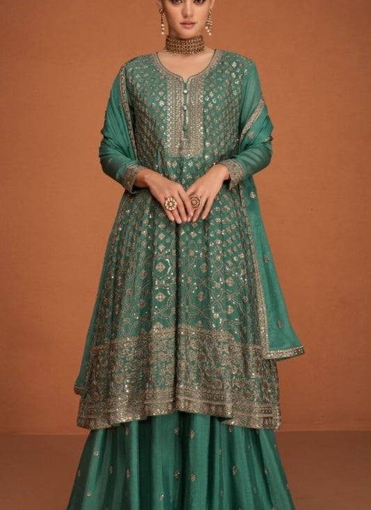 Green Silk Embroidered Palazzo Suit