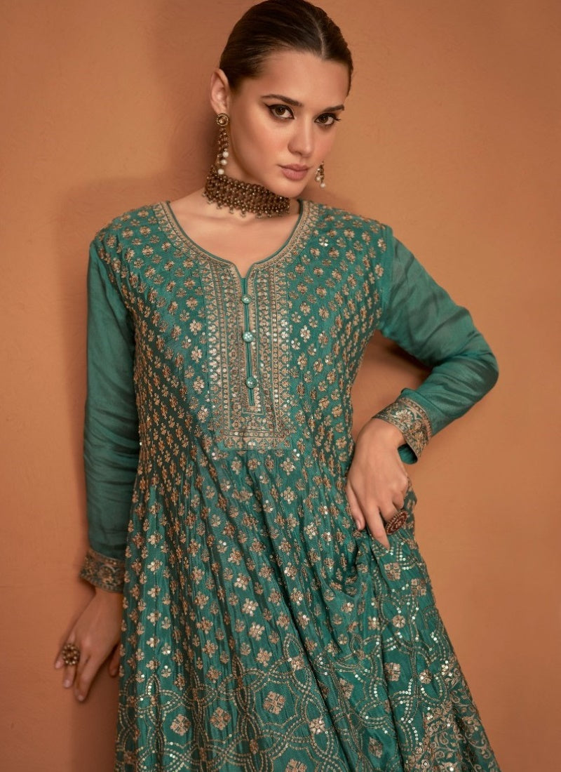 Green Silk Embroidered Palazzo Suit-2