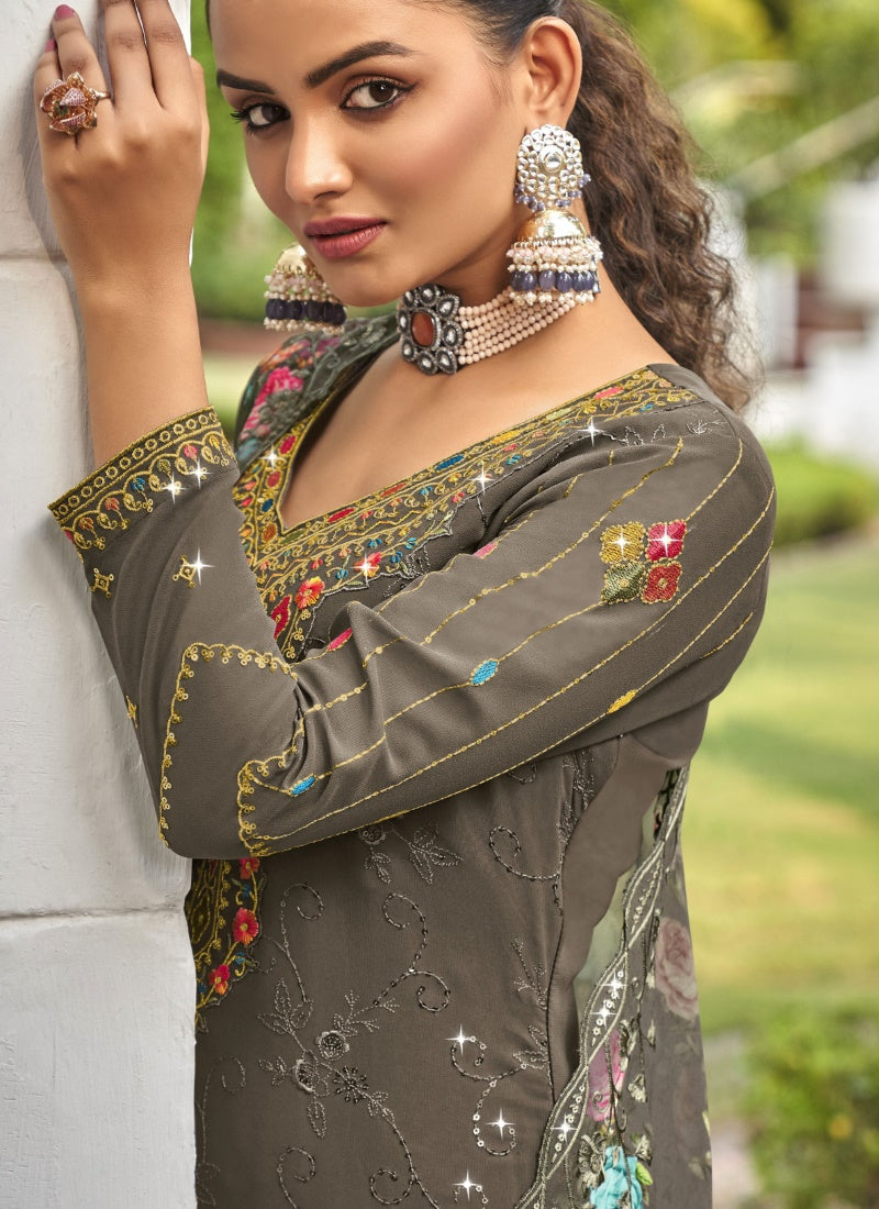 Gray Georgette Straight Cut Palazzo Salwar Suit-2