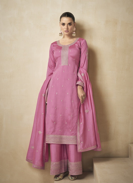 Pink Silk Embroidered Palazzo Suit