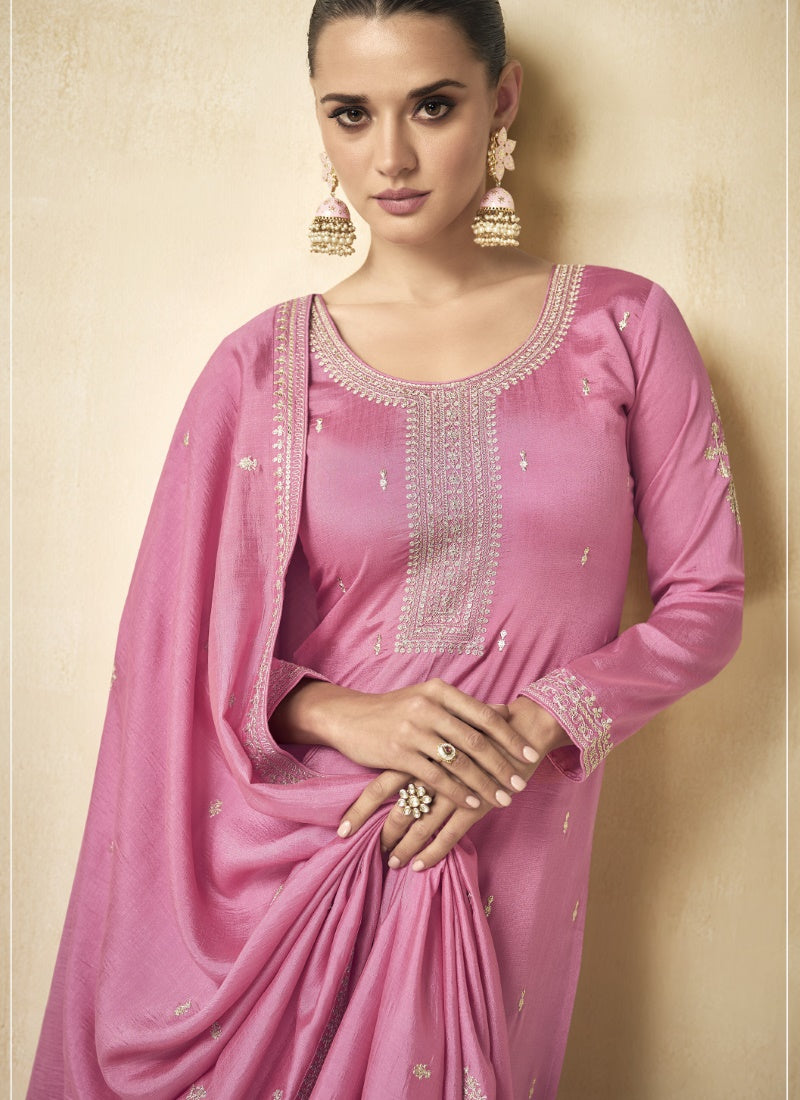 Pink Silk Embroidered Palazzo Suit-2