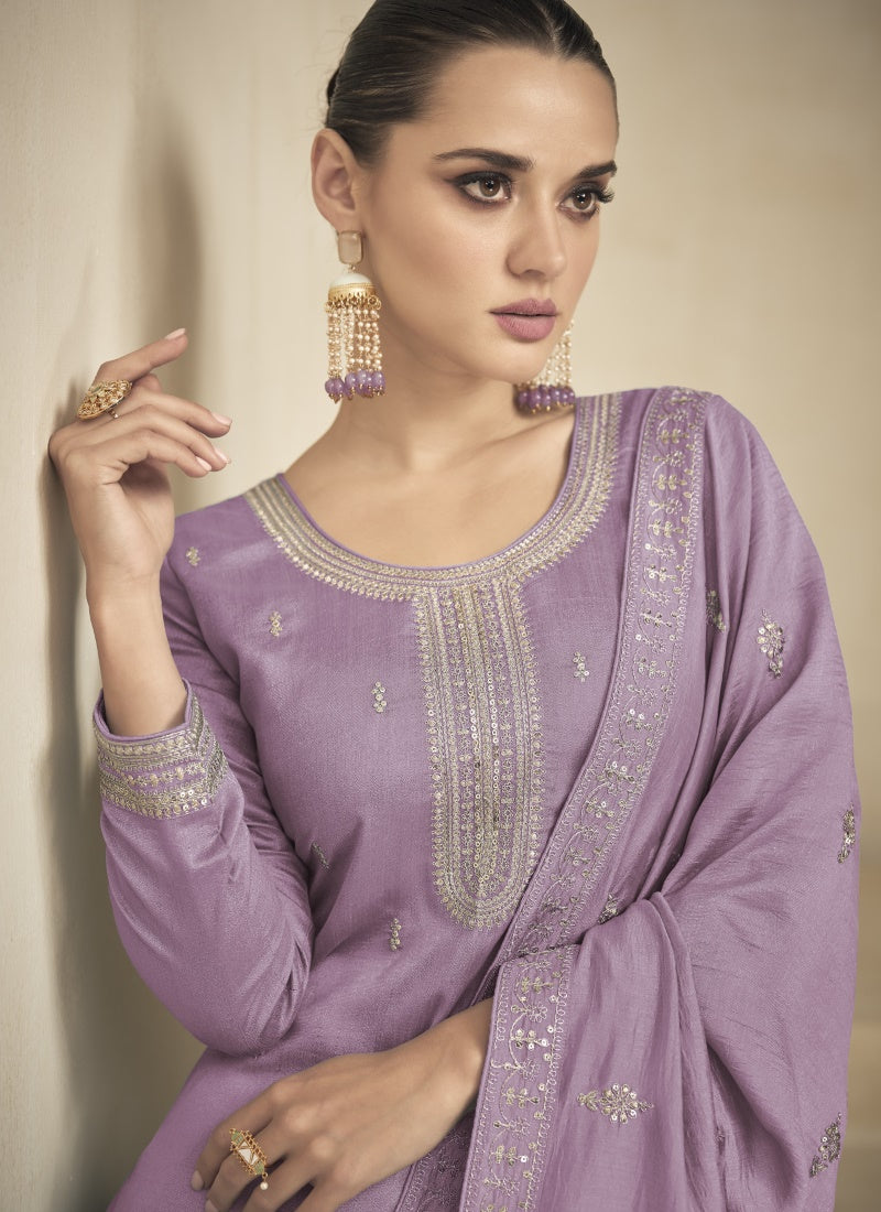 Light Purple Silk Embroidered Palazzo Suit-2