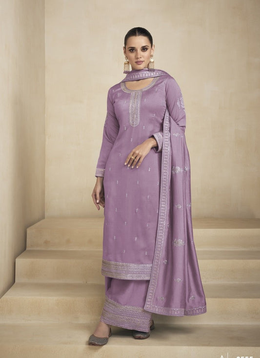 Light Purple Silk Embroidered Palazzo Suit