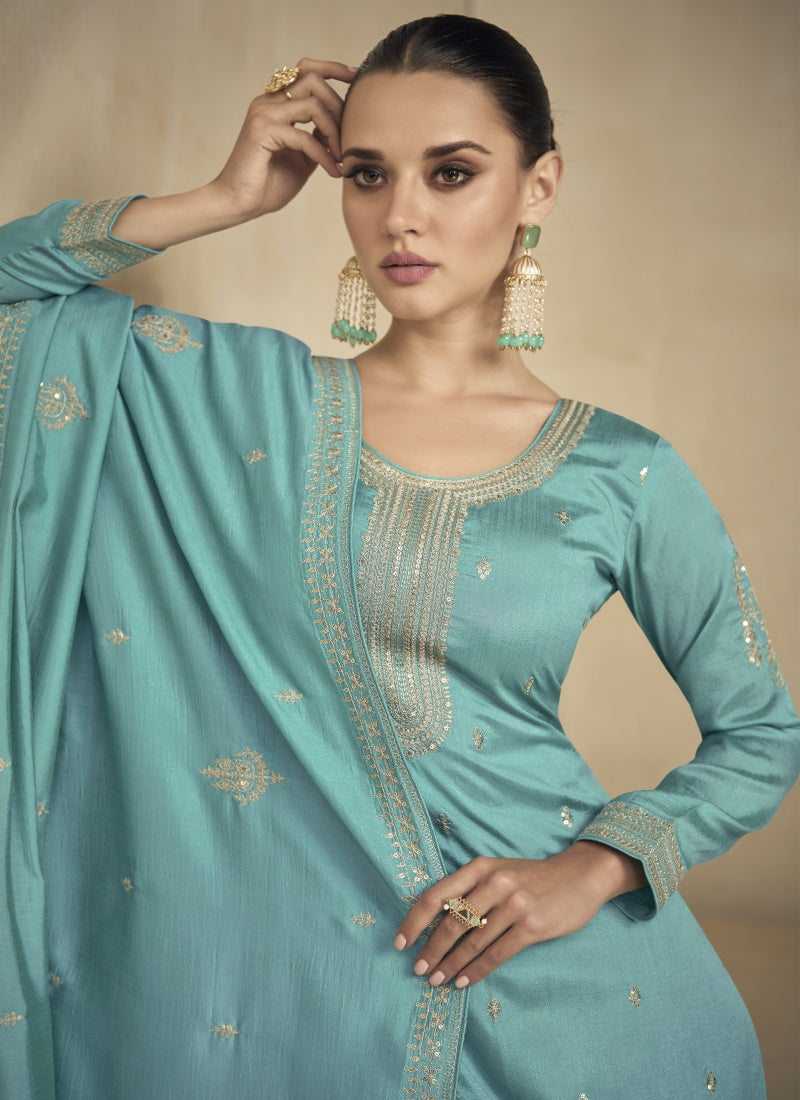 Aqua Blue Silk Embroidered Palazzo Suit-2