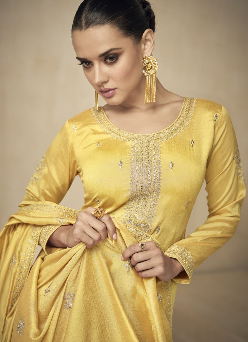 Yellow Silk Embroidered Palazzo Suit-2