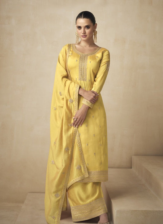 Yellow Silk Embroidered Palazzo Suit