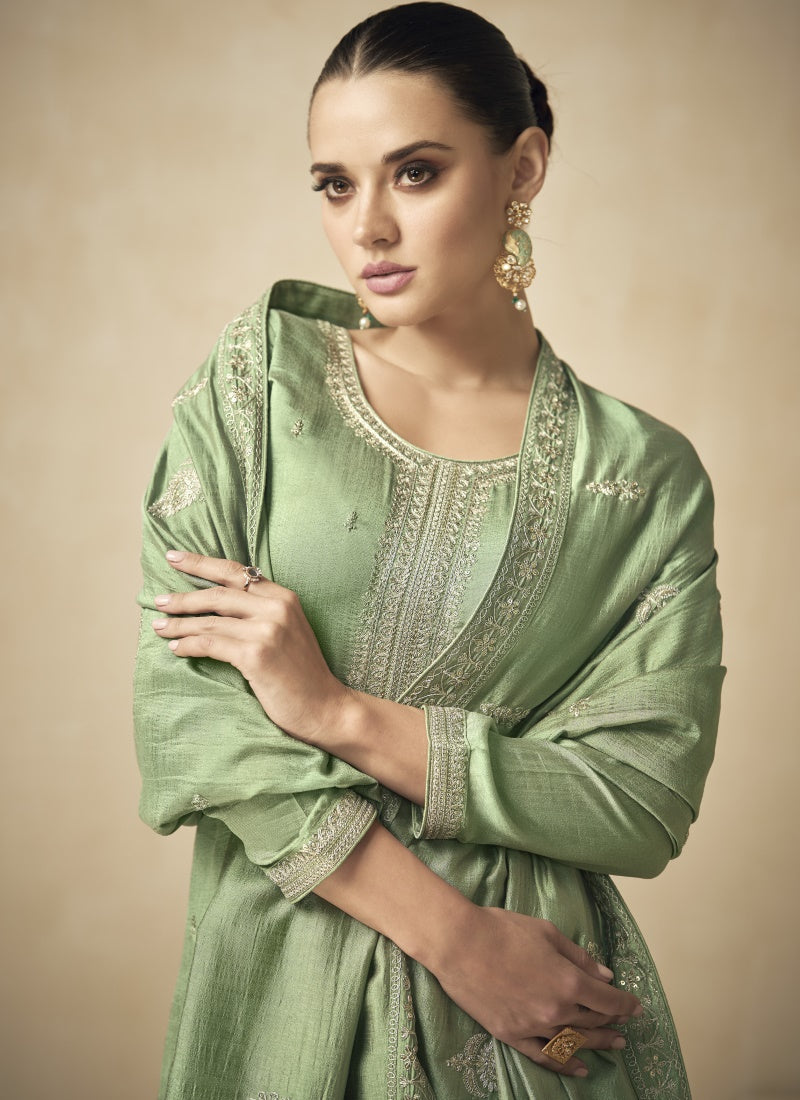 Pista Green Silk Embroidered Palazzo Suit-2