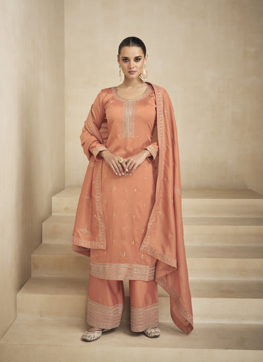 Orange Silk Embroidered Palazzo Suit