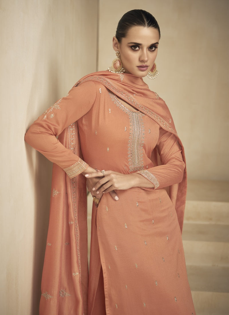 Orange Silk Embroidered Palazzo Suit-2