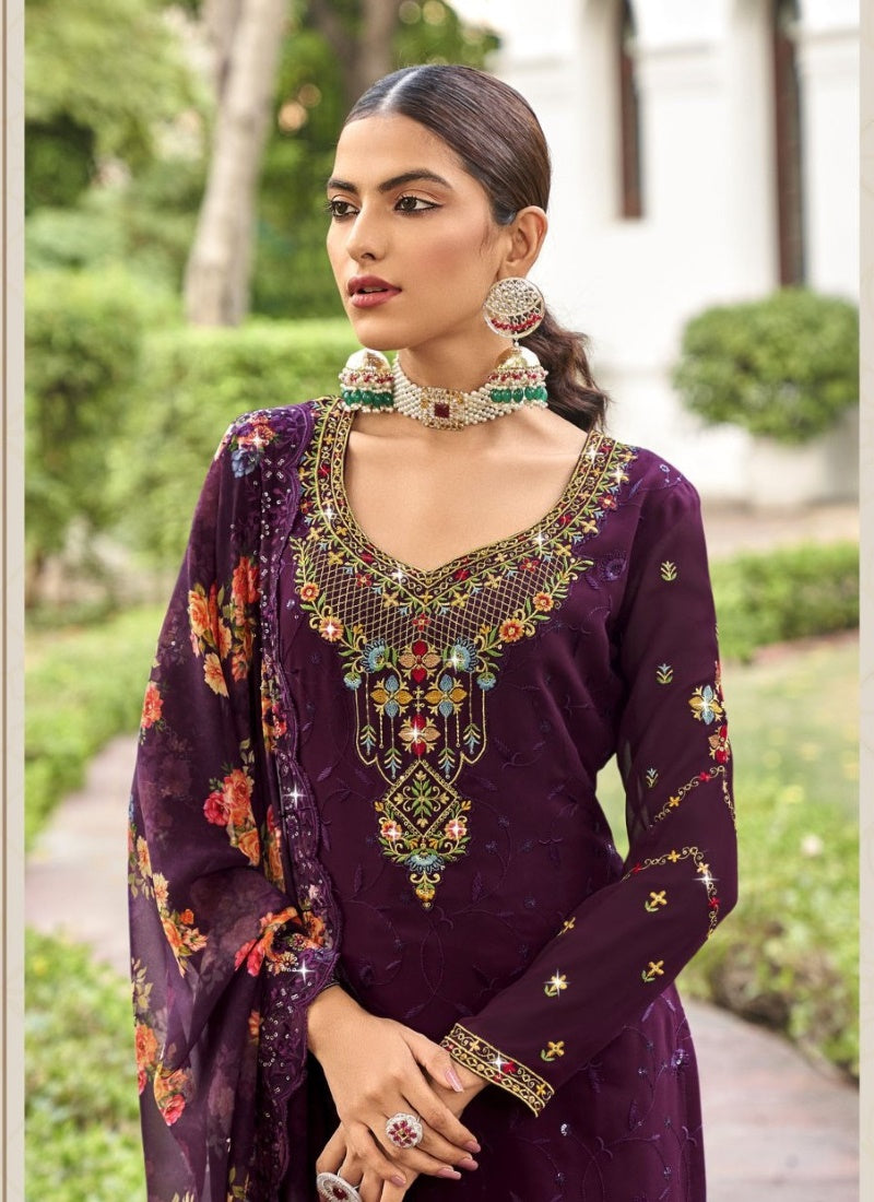 Purple Georgette Straight Cut Palazzo Salwar Suit-2