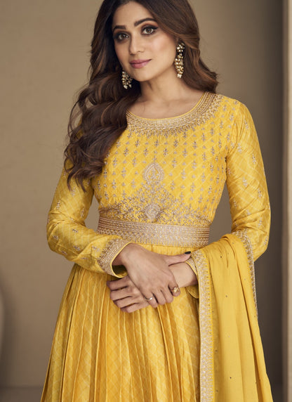 Yellow Chinon Silk Embroidered Anarkali Suit-2