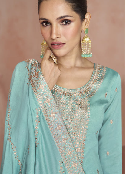 Sea Green Silk Embroidered Palazzo Suit-2