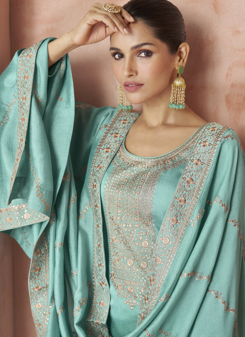 Sea Green Silk Embroidered Palazzo Suit-2