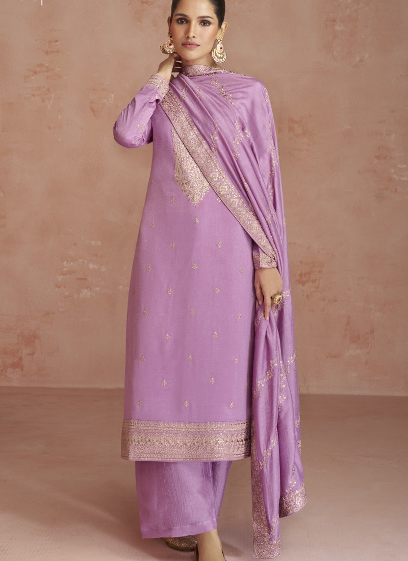 Lavender Silk Embroidered Palazzo Suit