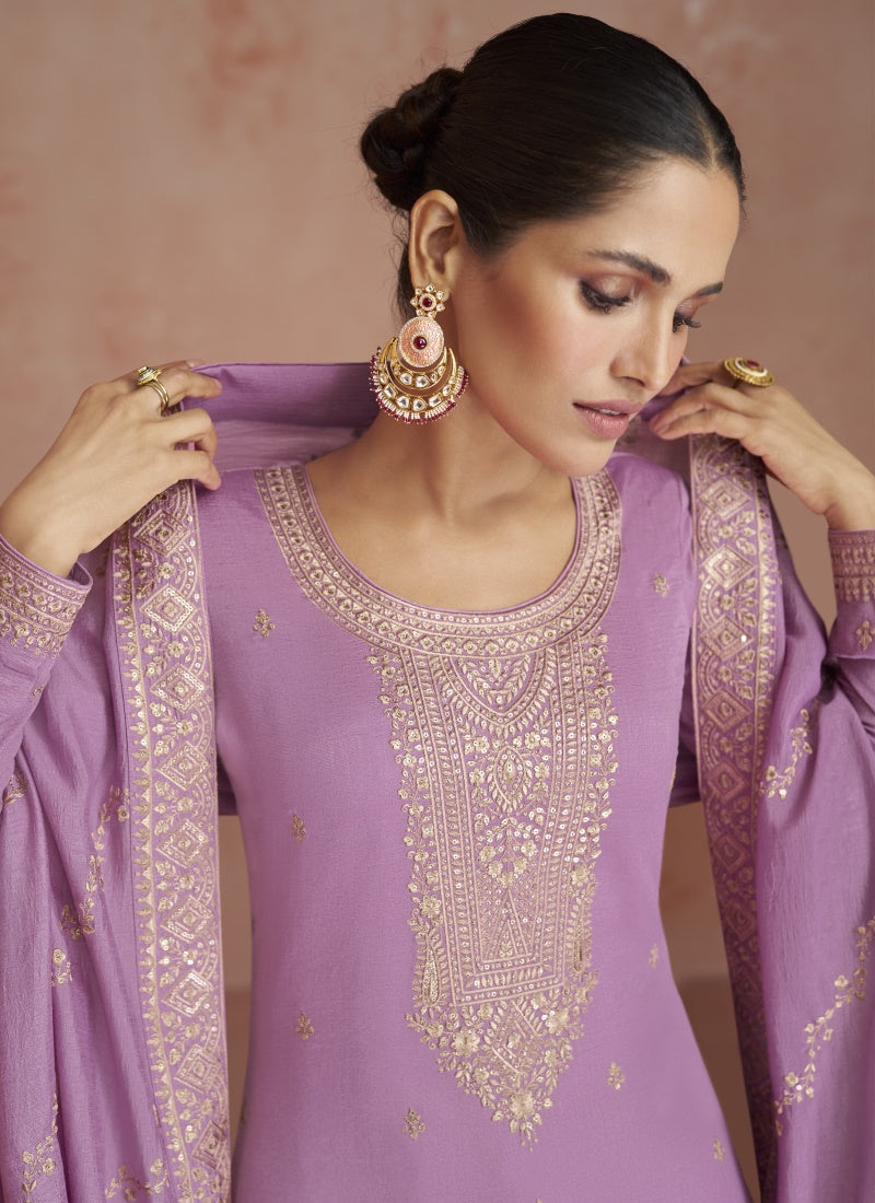 Lavender Silk Embroidered Palazzo Suit-2