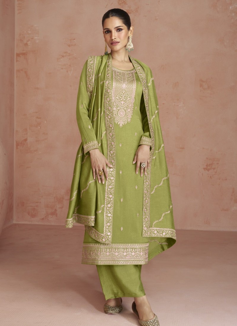 Pista Green Silk Embroidered Palazzo Suit