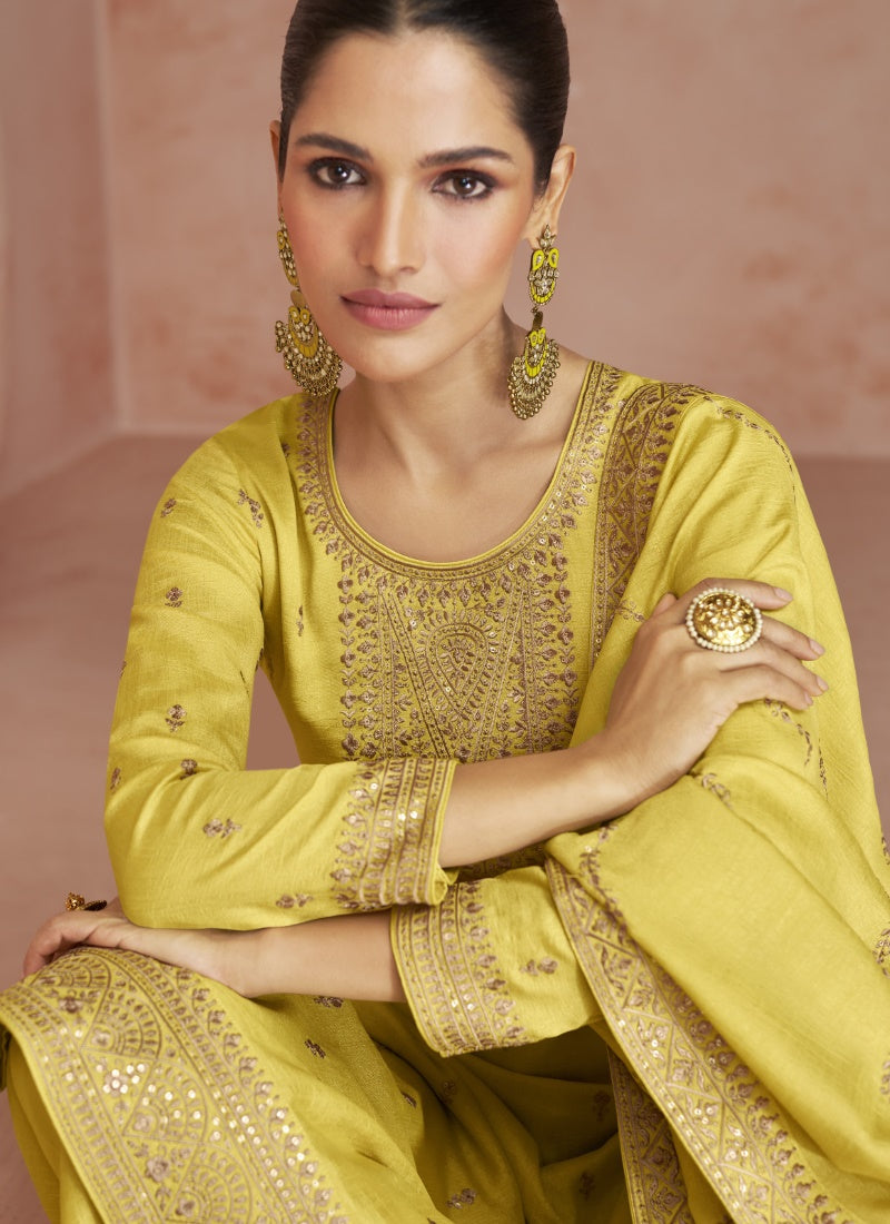 Yellow Silk Embroidered Palazzo Suit-2