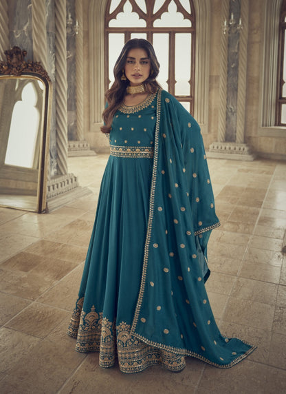 Teal Silk Embroidered Long Anarkali Suit