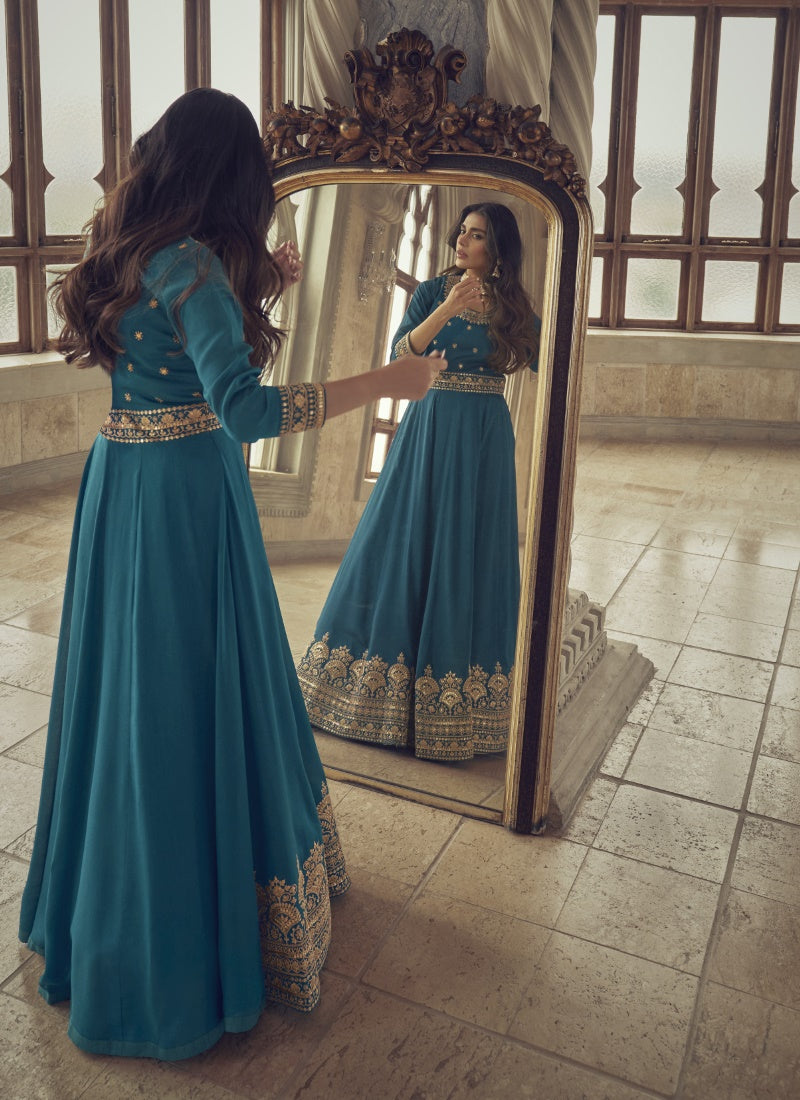 Teal Silk Embroidered Long Anarkali Suit-2