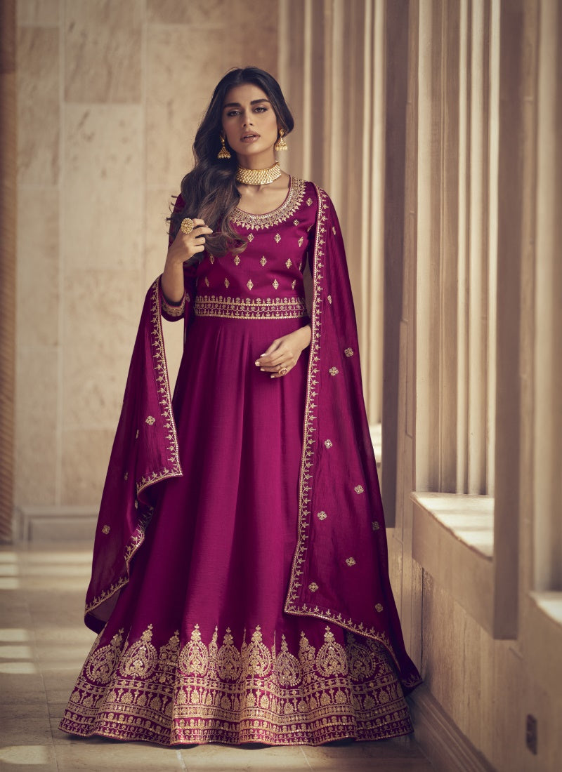 Magenta Silk Embroidered Long Anarkali Suit