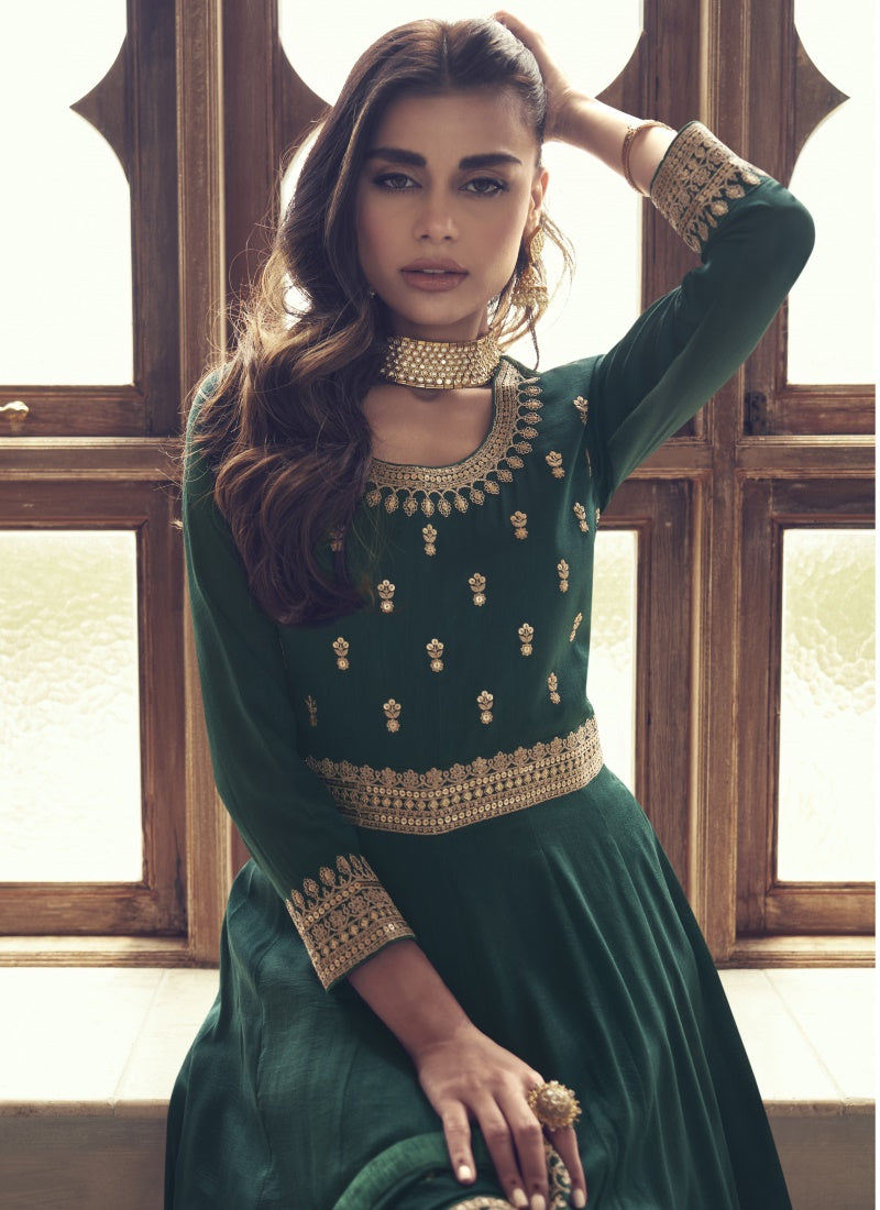 Green Silk Embroidered Long Anarkali Suit-2