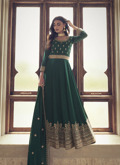 Green Silk Embroidered Long Anarkali Suit