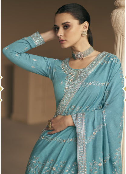 Aqua Blue Silk Embroidered Palazzo Suit-2