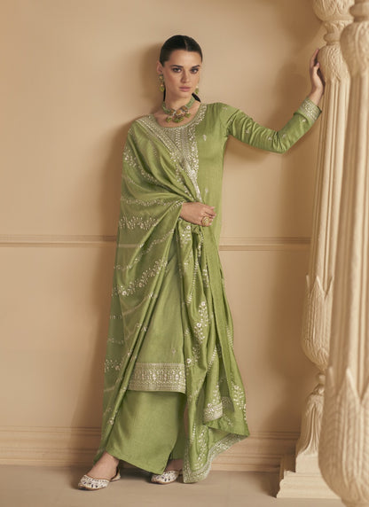 Pista Green Silk Embroidered Palazzo Suit