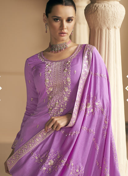 Lavender Silk Embroidered Palazzo Suit-2