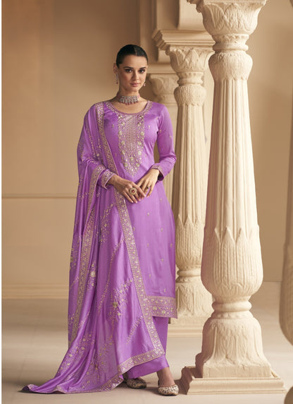 Lavender Silk Embroidered Palazzo Suit