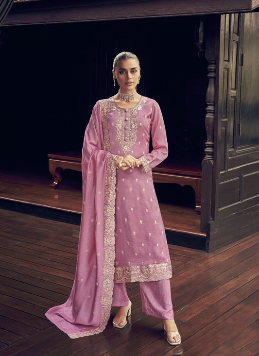 Pink Silk Embroidered Palazzo Suit