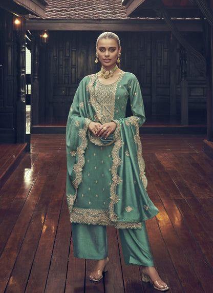 Green Silk Embroidered Palazzo Suit