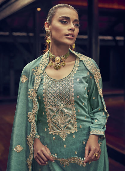 Green Silk Embroidered Palazzo Suit-2