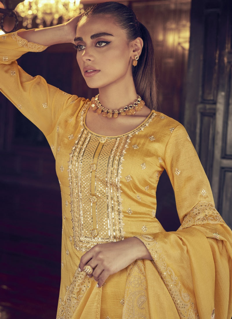 Yellow Silk Embroidered Palazzo Suit-2