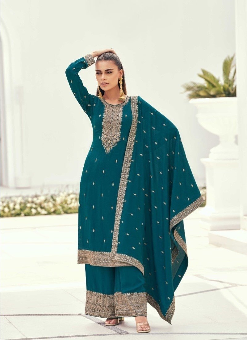 Teal Blue Silk Embroidered Palazzo Suit