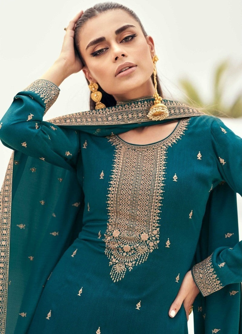 Teal Blue Silk Embroidered Palazzo Suit-2