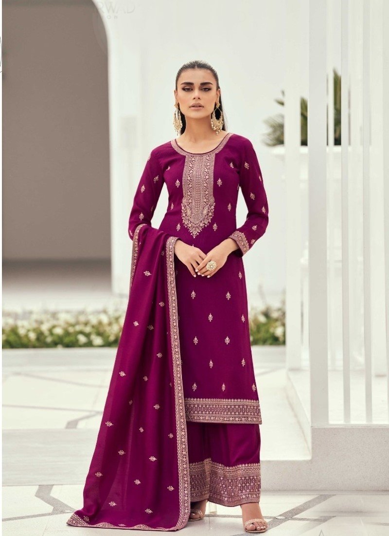 Purple Silk Embroidered Palazzo Suit