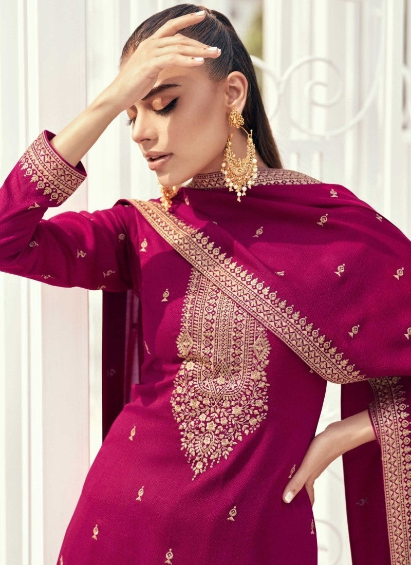 Magenta Silk Embroidered Palazzo Suit-2