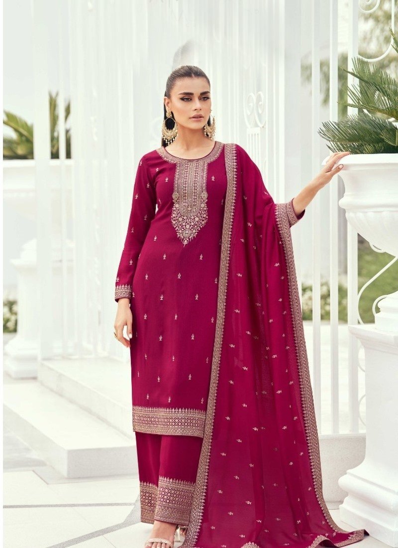 Magenta Silk Embroidered Palazzo Suit